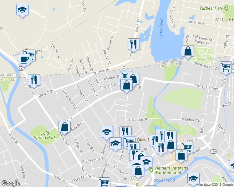 map of restaurants, bars, coffee shops, grocery stores, and more near 522 Winter Street in Woonsocket