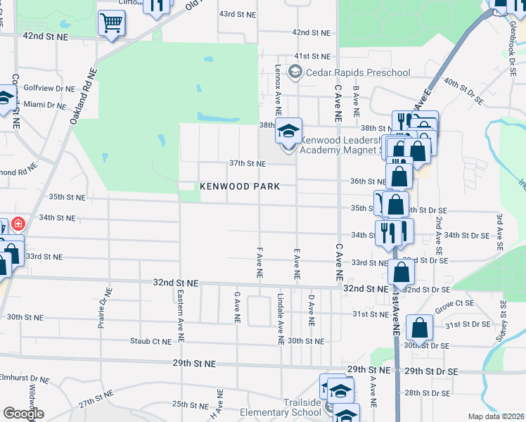 map of restaurants, bars, coffee shops, grocery stores, and more near 637 35th Street Northeast in Cedar Rapids