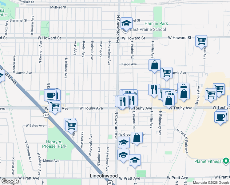 map of restaurants, bars, coffee shops, grocery stores, and more near 4001 Chase Avenue in Lincolnwood