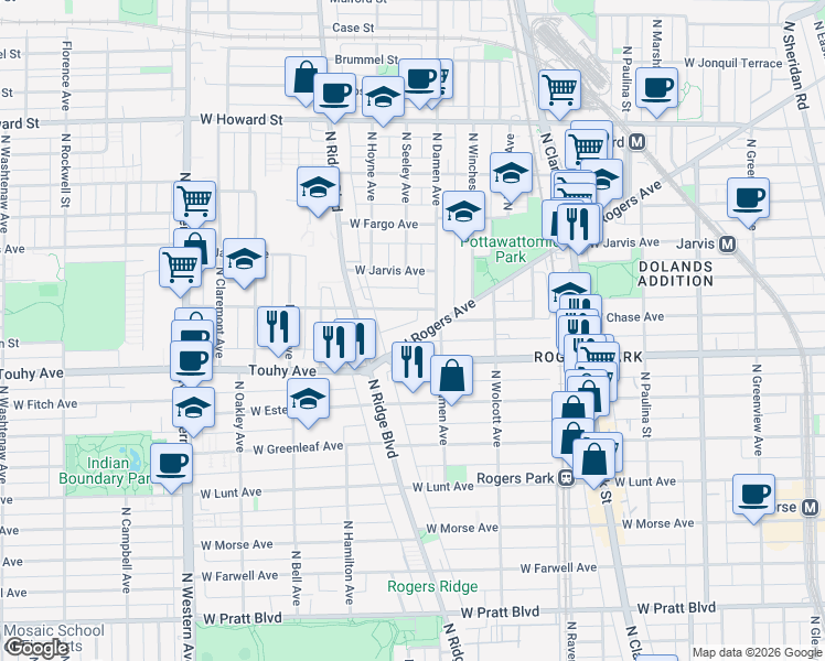 map of restaurants, bars, coffee shops, grocery stores, and more near 7262 North Rogers Avenue in Chicago