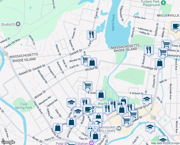 map of restaurants, bars, coffee shops, grocery stores, and more near 614 North Main Street in Woonsocket