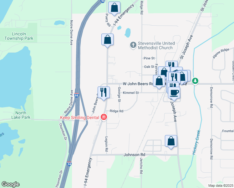 map of restaurants, bars, coffee shops, grocery stores, and more near 5760 George Street in Stevensville