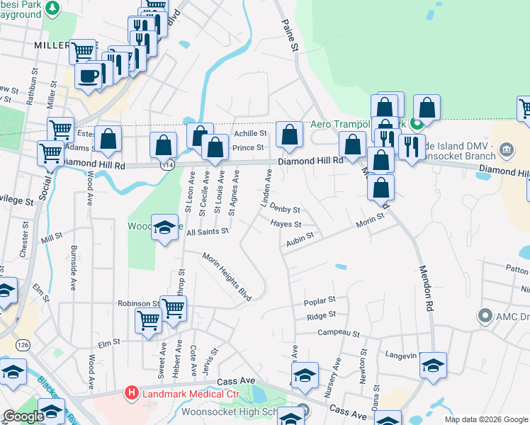 map of restaurants, bars, coffee shops, grocery stores, and more near 29 Denby Street in Woonsocket