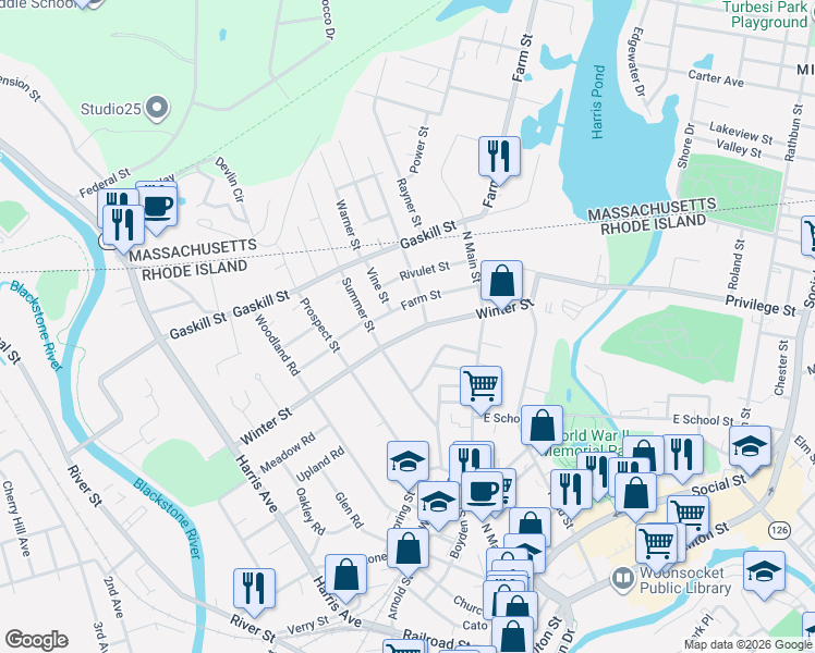 map of restaurants, bars, coffee shops, grocery stores, and more near 447 Winter Street in Woonsocket