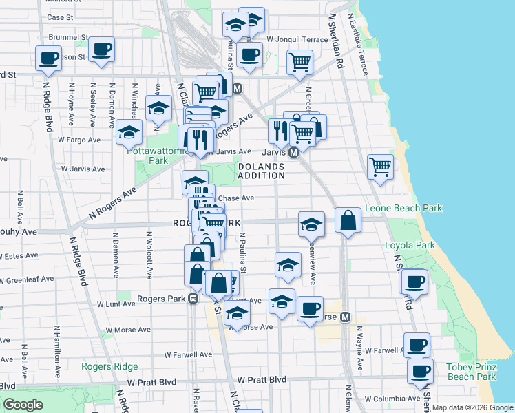 map of restaurants, bars, coffee shops, grocery stores, and more near 1643 West Chase Avenue in Chicago