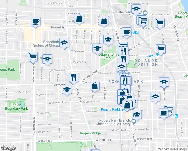 map of restaurants, bars, coffee shops, grocery stores, and more near 1933 West Chase Avenue in Chicago