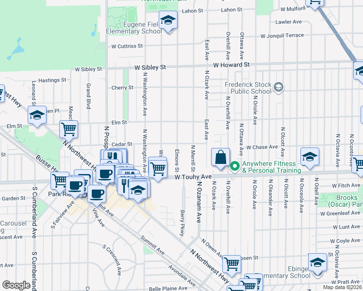 map of restaurants, bars, coffee shops, grocery stores, and more near 136 Elmore Street in Park Ridge