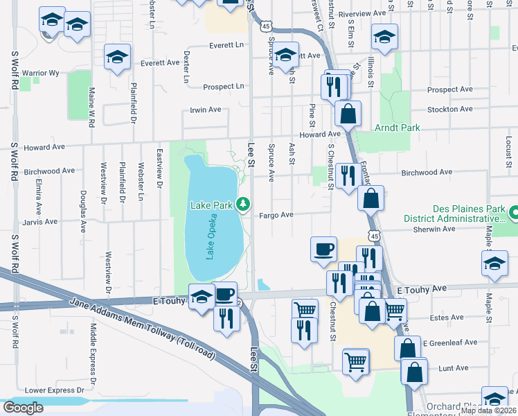 map of restaurants, bars, coffee shops, grocery stores, and more near 2175 Lee Street in Des Plaines