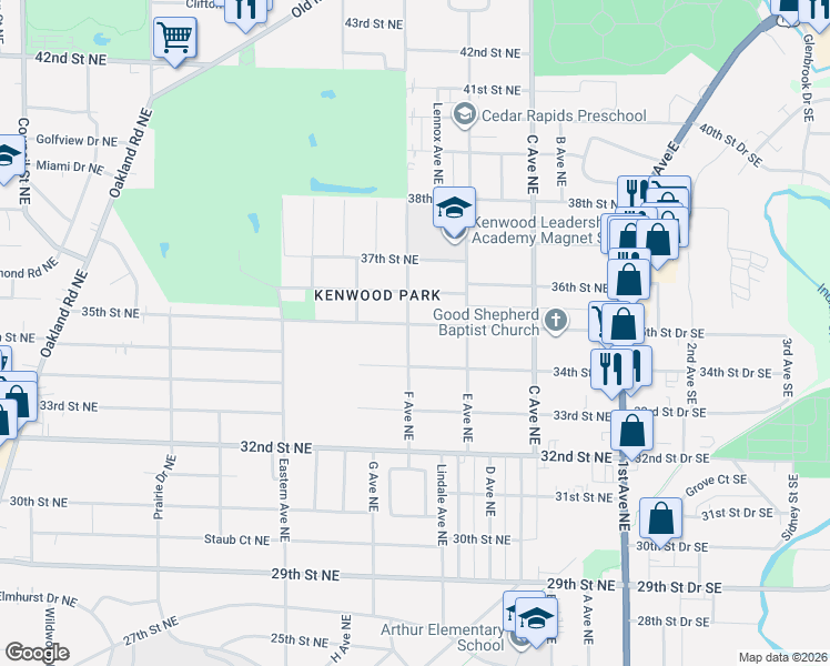 map of restaurants, bars, coffee shops, grocery stores, and more near 637 35th Street Northeast in Cedar Rapids