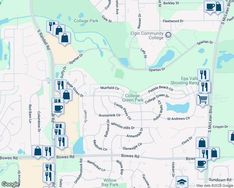 map of restaurants, bars, coffee shops, grocery stores, and more near 1982 College Green Drive in Elgin