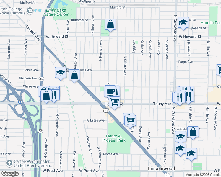 map of restaurants, bars, coffee shops, grocery stores, and more near 4375 West Chase Avenue in Lincolnwood