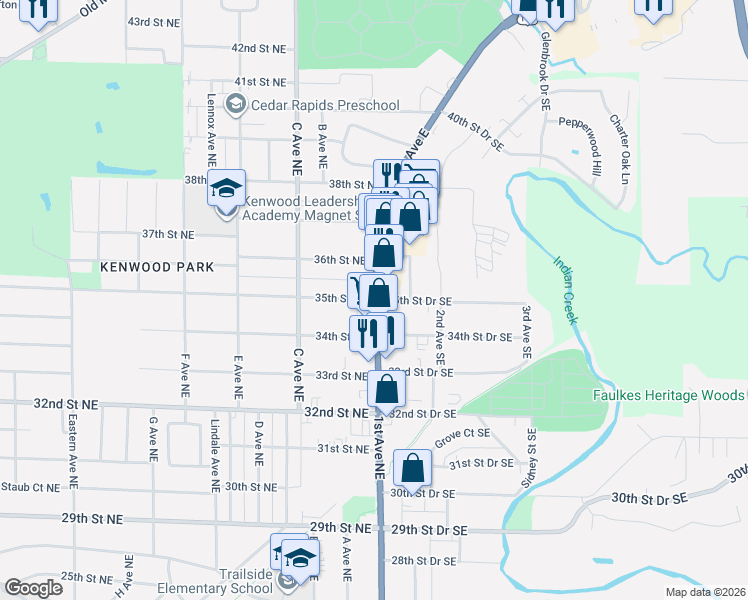 map of restaurants, bars, coffee shops, grocery stores, and more near 110 35th Street Drive Southeast in Cedar Rapids