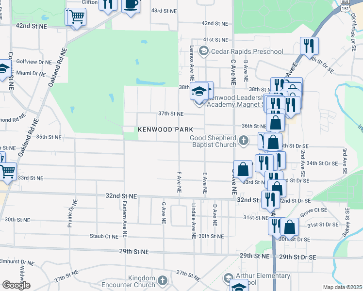 map of restaurants, bars, coffee shops, grocery stores, and more near 653 35th Street Northeast in Cedar Rapids