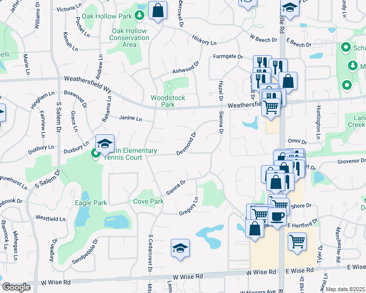 map of restaurants, bars, coffee shops, grocery stores, and more near 320 Desmond Drive in Schaumburg