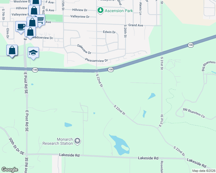 map of restaurants, bars, coffee shops, grocery stores, and more near 1801 South 22nd Street in Marion