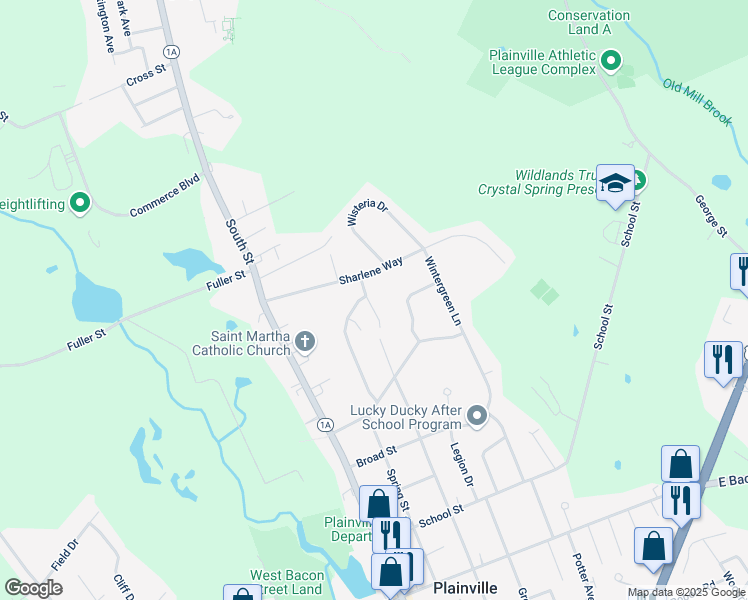map of restaurants, bars, coffee shops, grocery stores, and more near 78 Willow Lane in Plainville