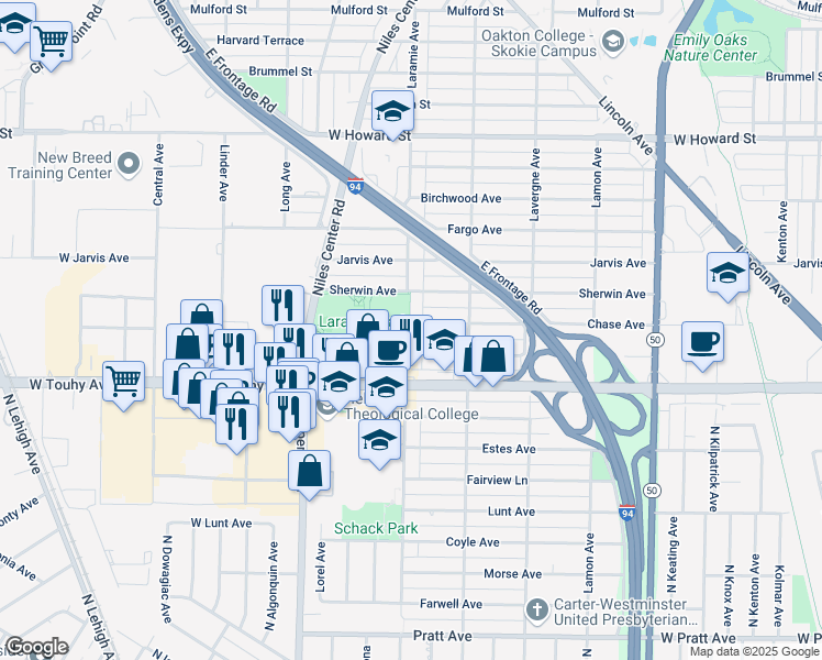 map of restaurants, bars, coffee shops, grocery stores, and more near 5157 Chase Avenue in Skokie