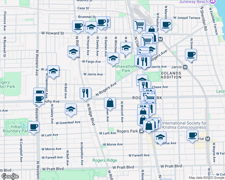 map of restaurants, bars, coffee shops, grocery stores, and more near 1933 West Chase Avenue in Chicago