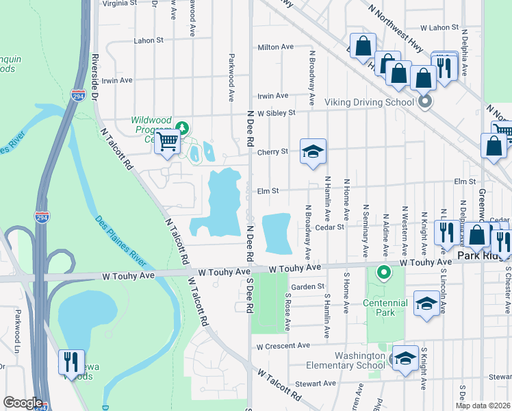 map of restaurants, bars, coffee shops, grocery stores, and more near 233 North Dee Road in Park Ridge