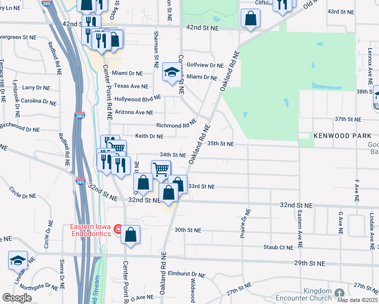map of restaurants, bars, coffee shops, grocery stores, and more near 1432 34th Street Northeast in Cedar Rapids