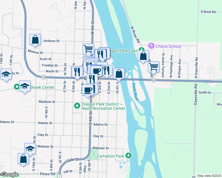 map of restaurants, bars, coffee shops, grocery stores, and more near 111 South 2nd Street in Oregon