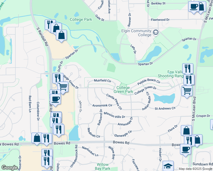 map of restaurants, bars, coffee shops, grocery stores, and more near 1982 College Green Drive in Elgin