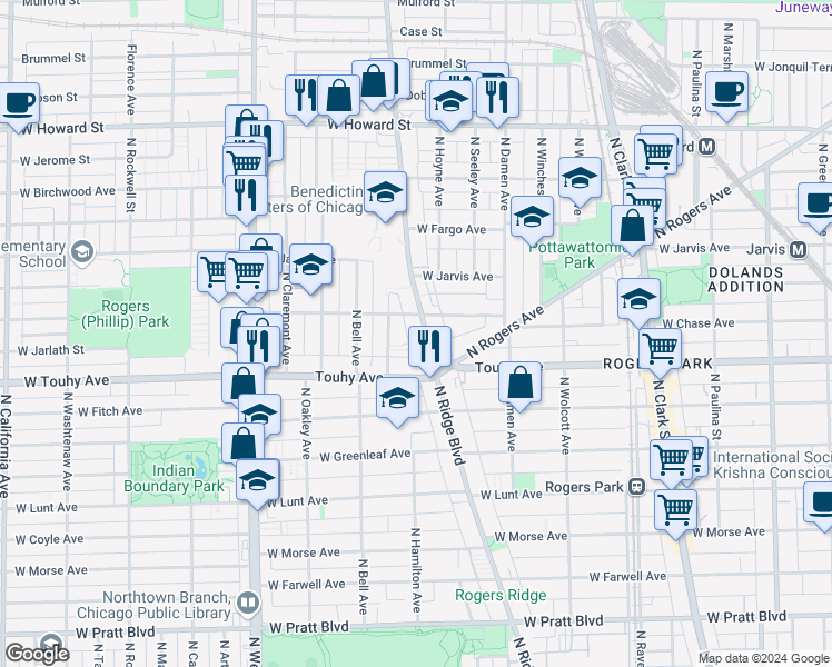 map of restaurants, bars, coffee shops, grocery stores, and more near 7240 North Ridge Boulevard in Chicago