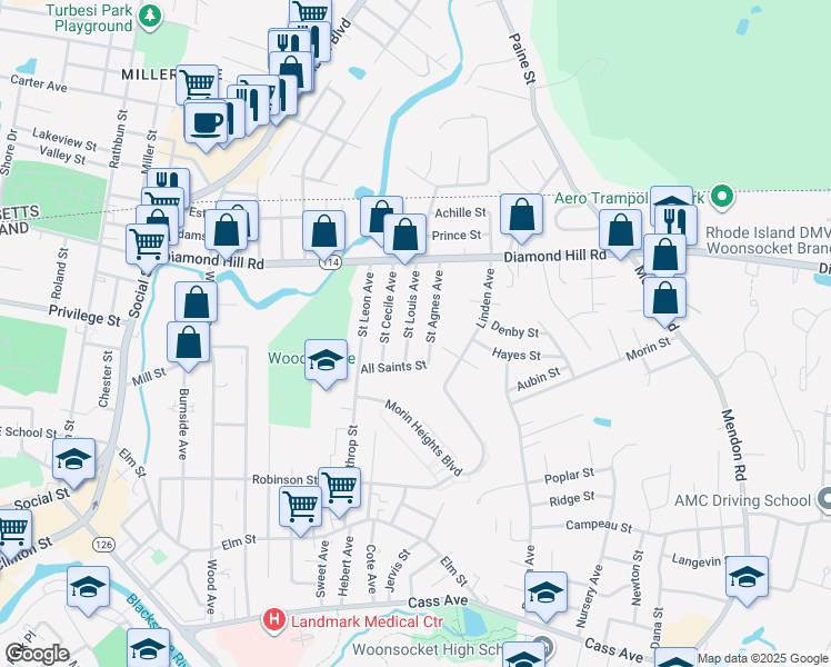 map of restaurants, bars, coffee shops, grocery stores, and more near 292 Saint Louis Avenue in Woonsocket