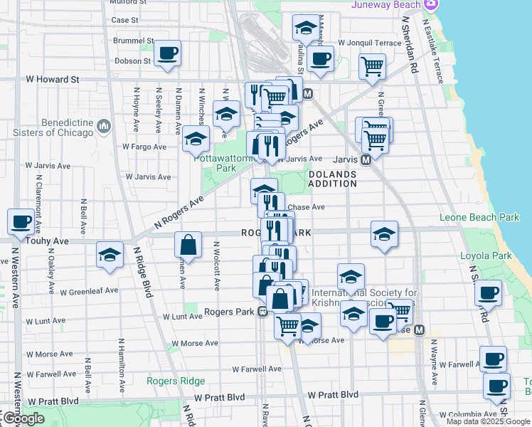 map of restaurants, bars, coffee shops, grocery stores, and more near 7220 N Clark St in Chicago