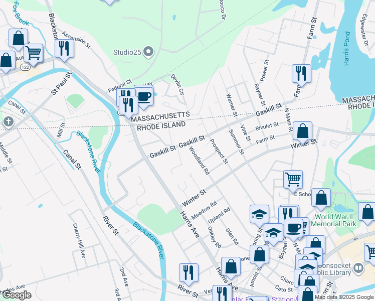 map of restaurants, bars, coffee shops, grocery stores, and more near 515 Woodland Rd in Woonsocket