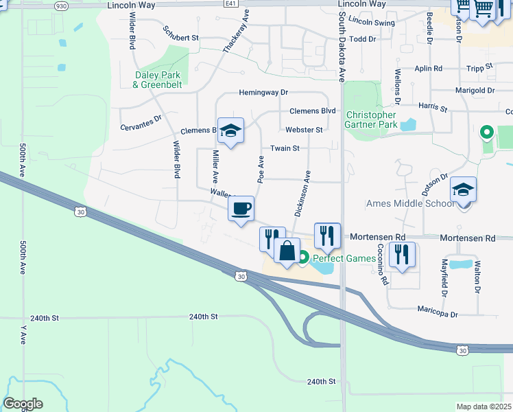 map of restaurants, bars, coffee shops, grocery stores, and more near 1014 Poe Avenue in Ames
