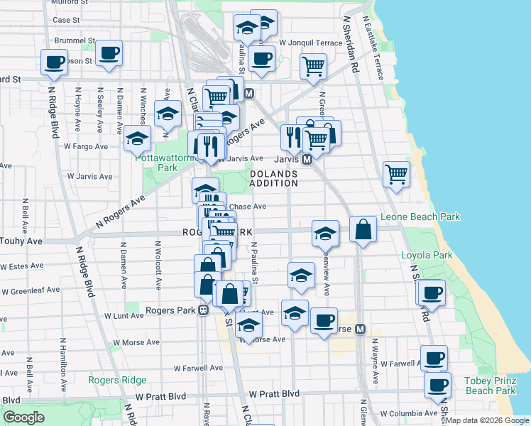 map of restaurants, bars, coffee shops, grocery stores, and more near 1643 West Chase Avenue in Chicago