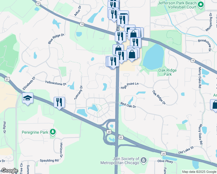 map of restaurants, bars, coffee shops, grocery stores, and more near 1542 Laurel Oaks Drive in Streamwood
