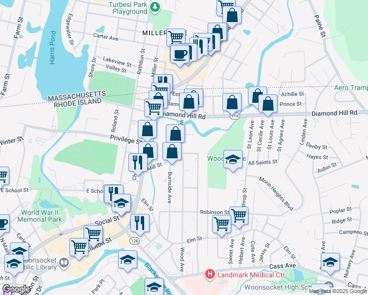 map of restaurants, bars, coffee shops, grocery stores, and more near 585 Wood Avenue in Woonsocket