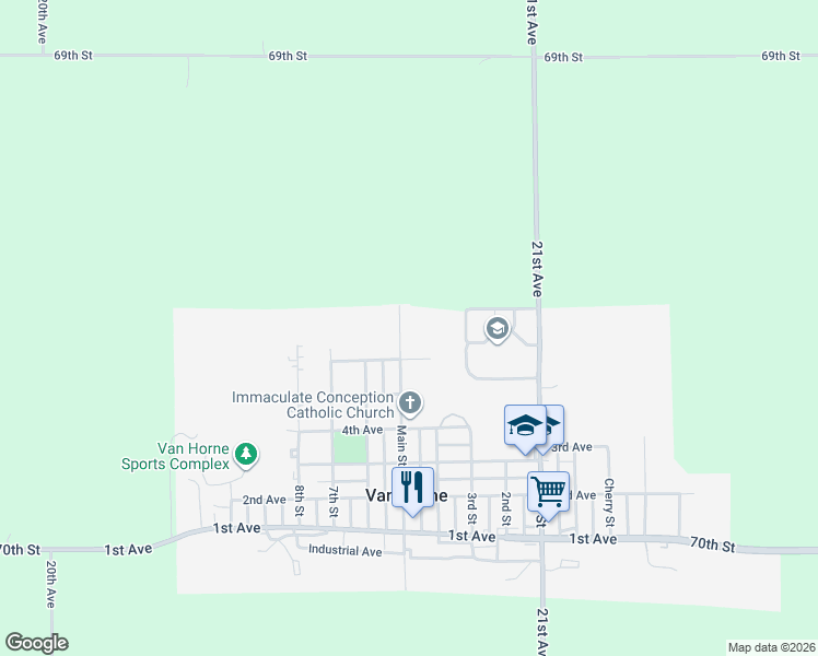 map of restaurants, bars, coffee shops, grocery stores, and more near 605 Main Street in Van Horne
