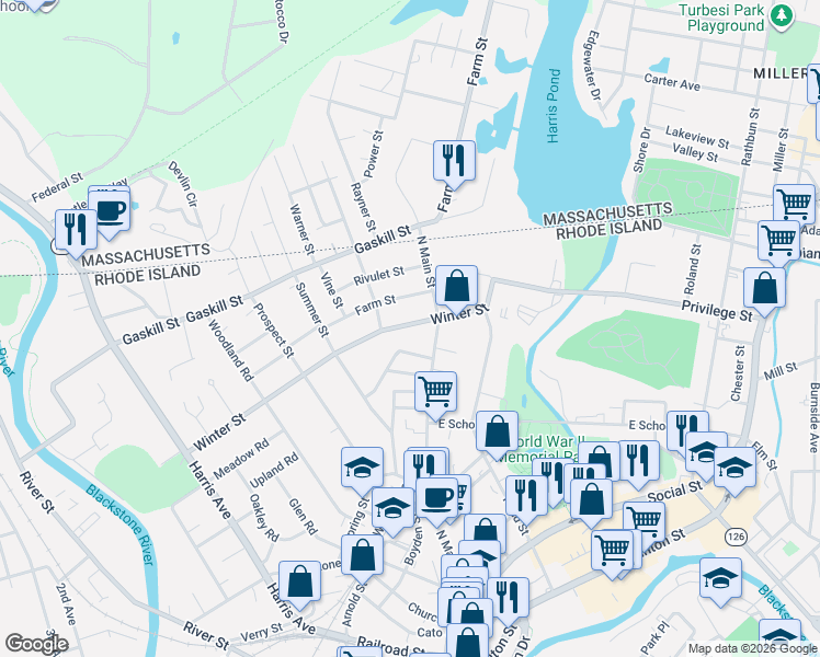map of restaurants, bars, coffee shops, grocery stores, and more near 522 Winter Street in Woonsocket