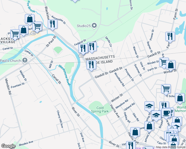 map of restaurants, bars, coffee shops, grocery stores, and more near 28 Gaskill Street in Woonsocket