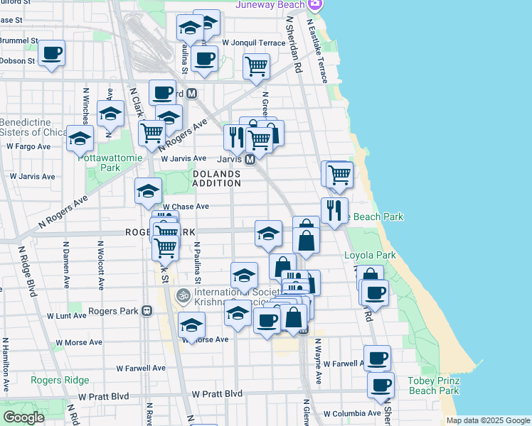 map of restaurants, bars, coffee shops, grocery stores, and more near 1443 West Chase Avenue in Chicago