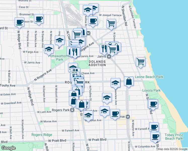 map of restaurants, bars, coffee shops, grocery stores, and more near 1643 West Chase Avenue in Chicago
