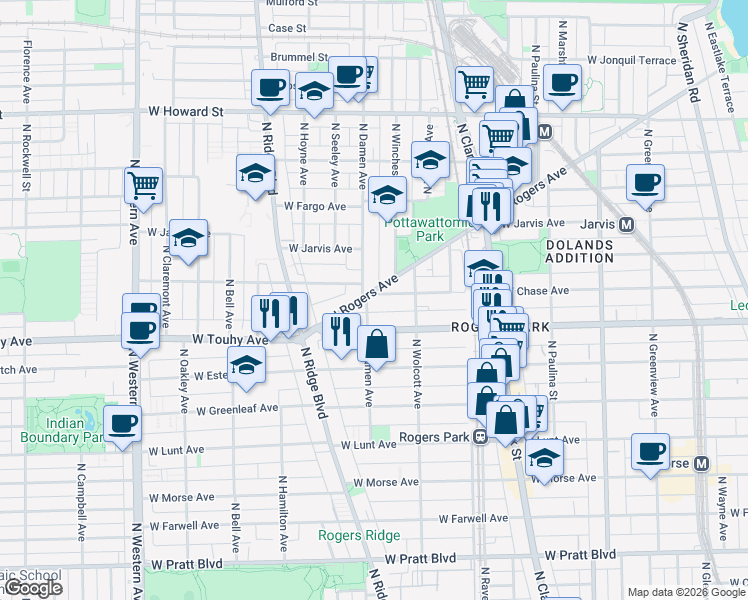 map of restaurants, bars, coffee shops, grocery stores, and more near 1933 West Chase Avenue in Chicago