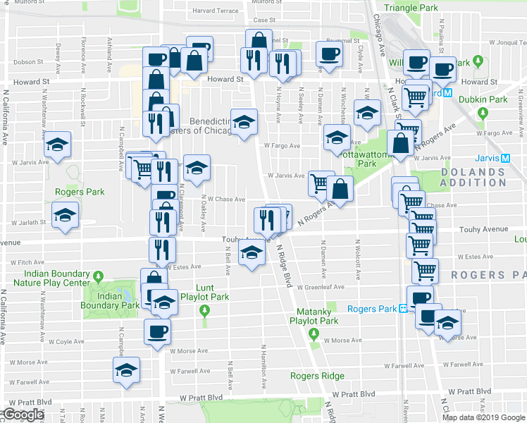 map of restaurants, bars, coffee shops, grocery stores, and more near 7240 North Ridge Boulevard in Chicago