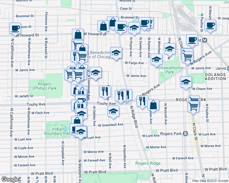 map of restaurants, bars, coffee shops, grocery stores, and more near 2143 West Chase Avenue in Chicago