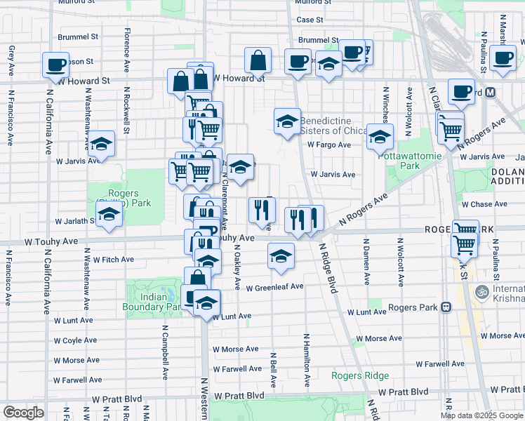 map of restaurants, bars, coffee shops, grocery stores, and more near 7235 North Oakley Avenue in Chicago
