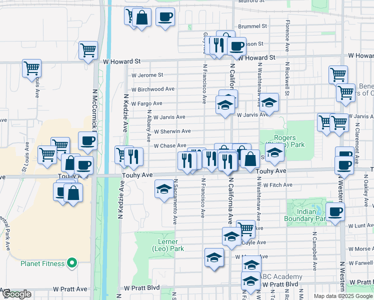 map of restaurants, bars, coffee shops, grocery stores, and more near 2937 West Chase Avenue in Chicago