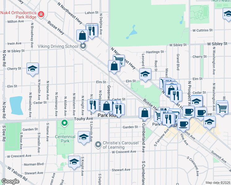 map of restaurants, bars, coffee shops, grocery stores, and more near 220 Chester Avenue in Park Ridge