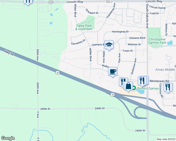 map of restaurants, bars, coffee shops, grocery stores, and more near 5356 Mortensen Road in Ames