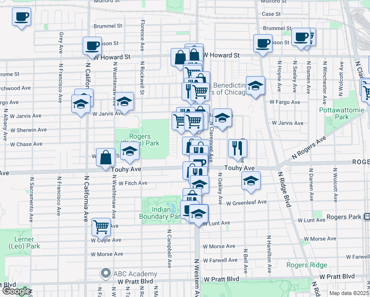 map of restaurants, bars, coffee shops, grocery stores, and more near 7250 North Western Avenue in Chicago
