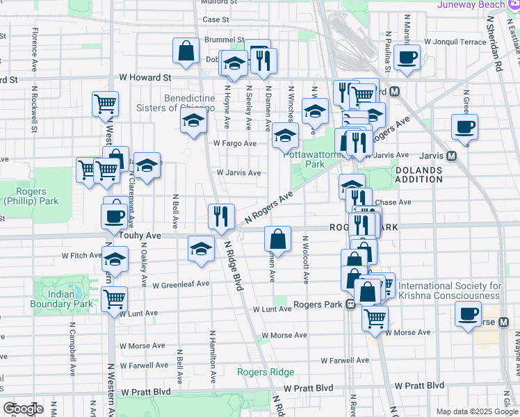 map of restaurants, bars, coffee shops, grocery stores, and more near 7262 North Rogers Avenue in Chicago