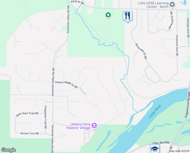 map of restaurants, bars, coffee shops, grocery stores, and more near 5821 River Parkway in Cedar Rapids