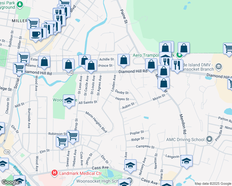 map of restaurants, bars, coffee shops, grocery stores, and more near 29 Denby St in Woonsocket